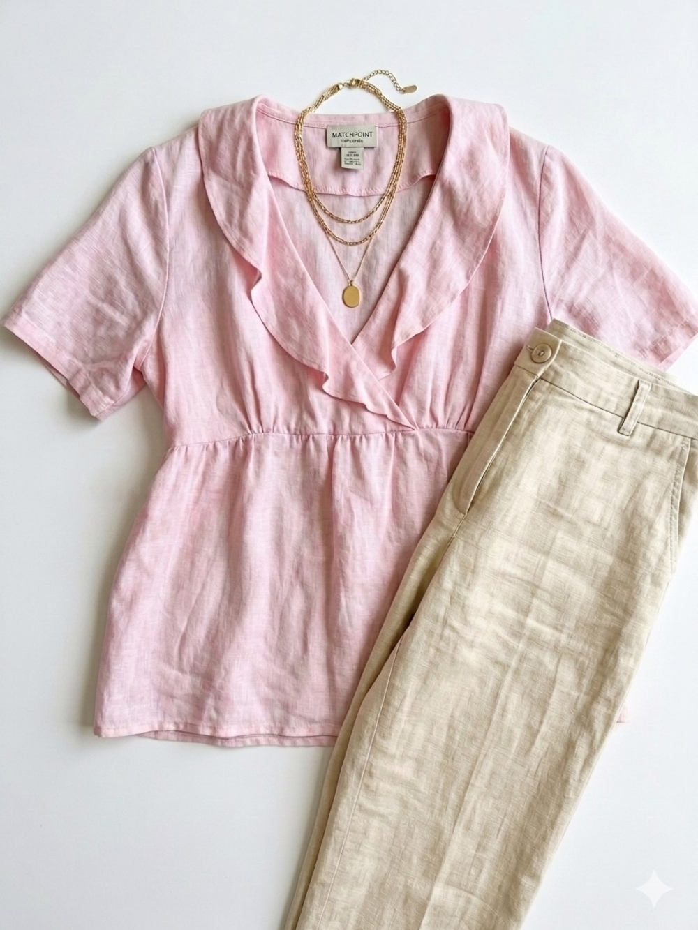 MATCHPOINT LINEN Peplum Pink Ruffle V-Neck Top Size Large